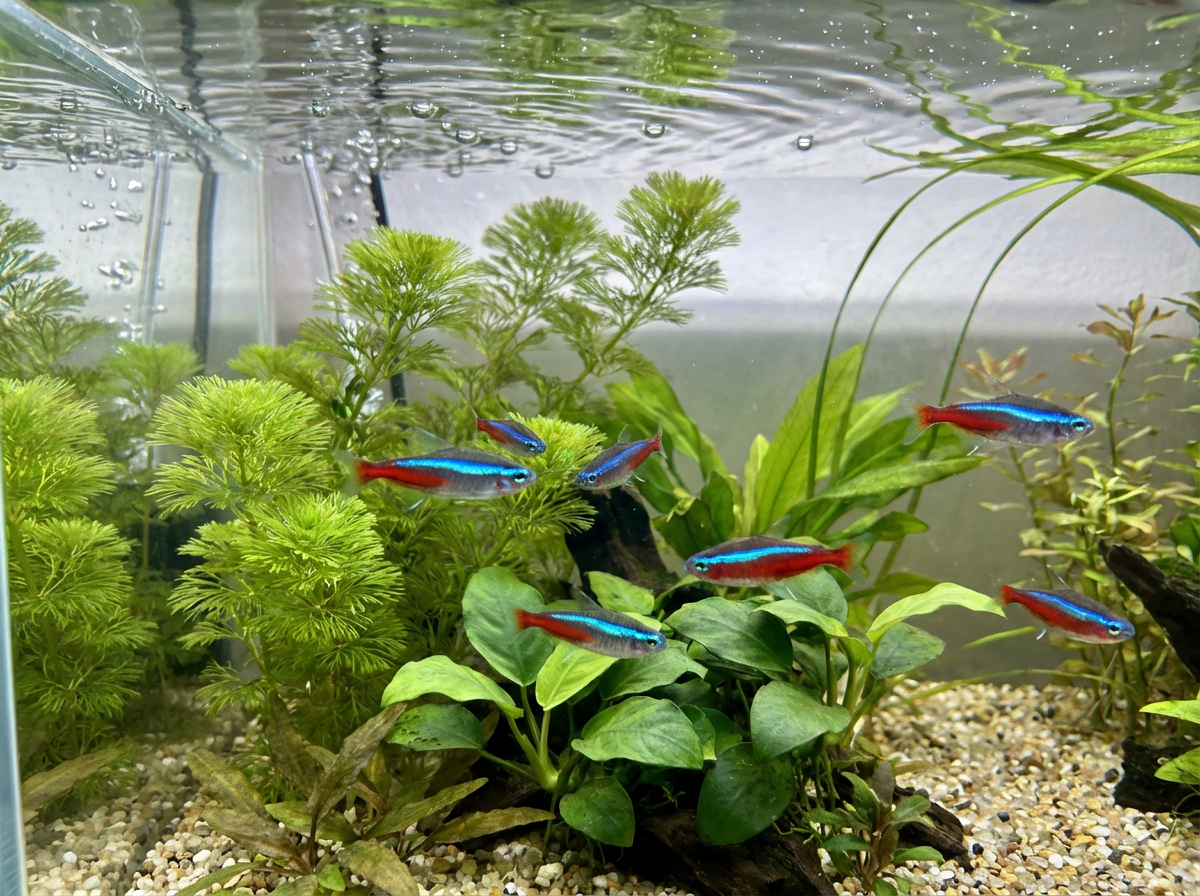 Beautiful Neon Tetra fish with vibrant blue and red colors swimming in clear water